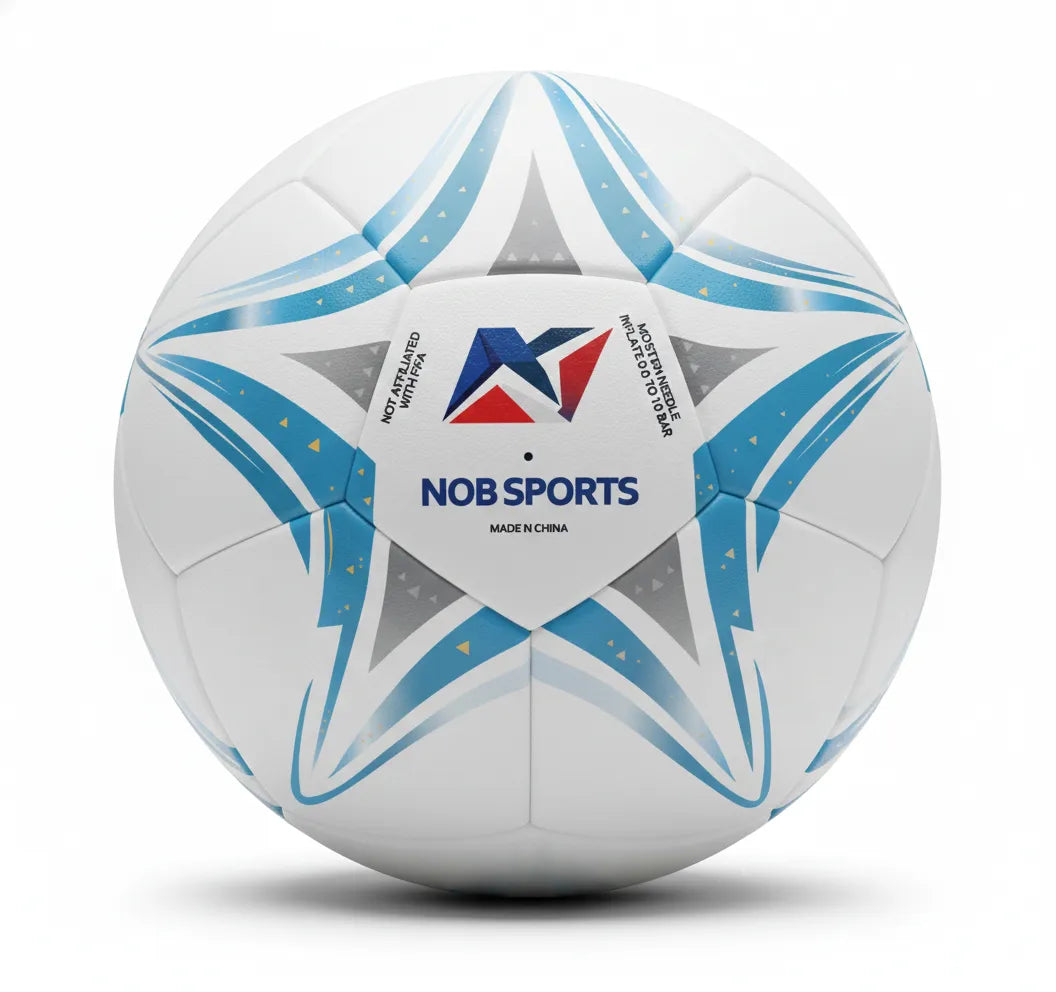 White sports ball with blue and gray patterns and NOB Sports branding on a white background