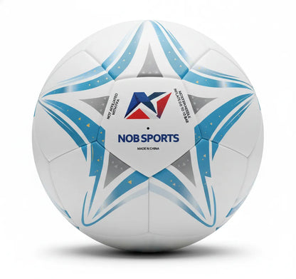 White sports ball with blue and gray patterns and NOB Sports branding on a white background
