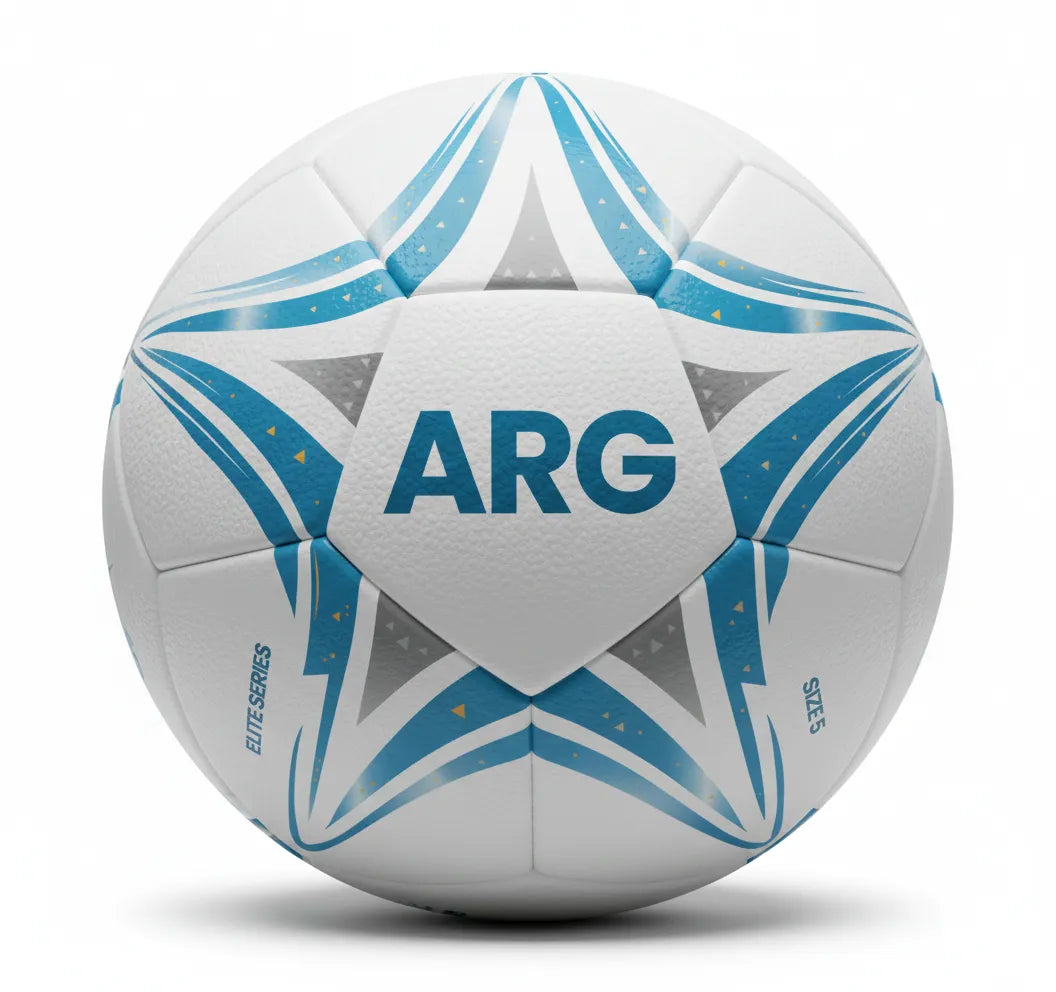 White soccer ball with blue and gray patterns and 'ARG' on a white background