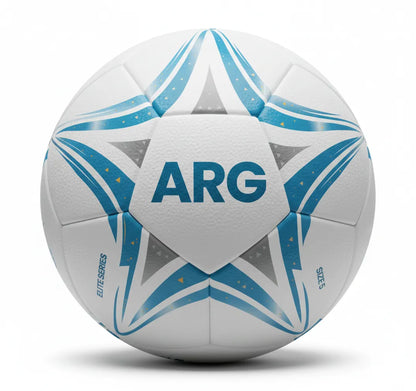 White soccer ball with blue and gray patterns and 'ARG' on a white background