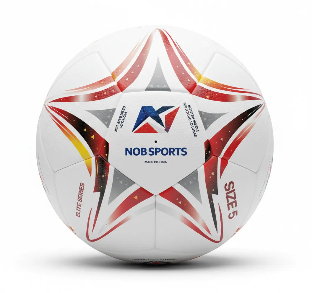 White soccer ball with red, blue, and black patterns on a white background