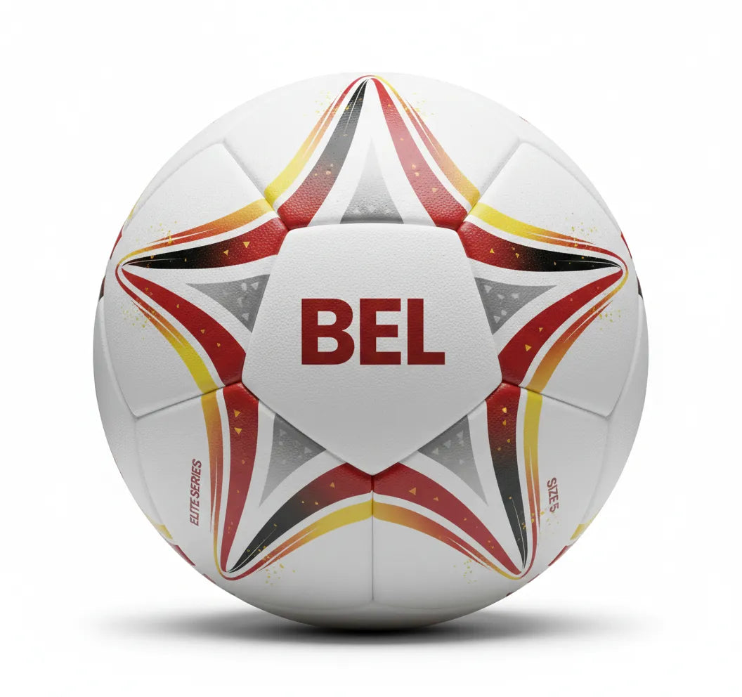White soccer ball with red, yellow, and black patterns on a white background
