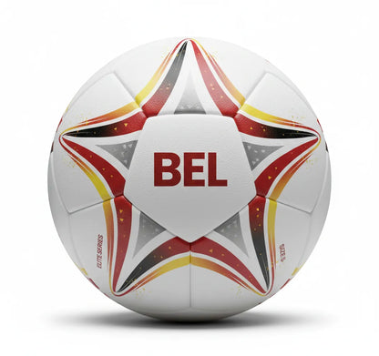 White soccer ball with red, yellow, and black patterns on a white background