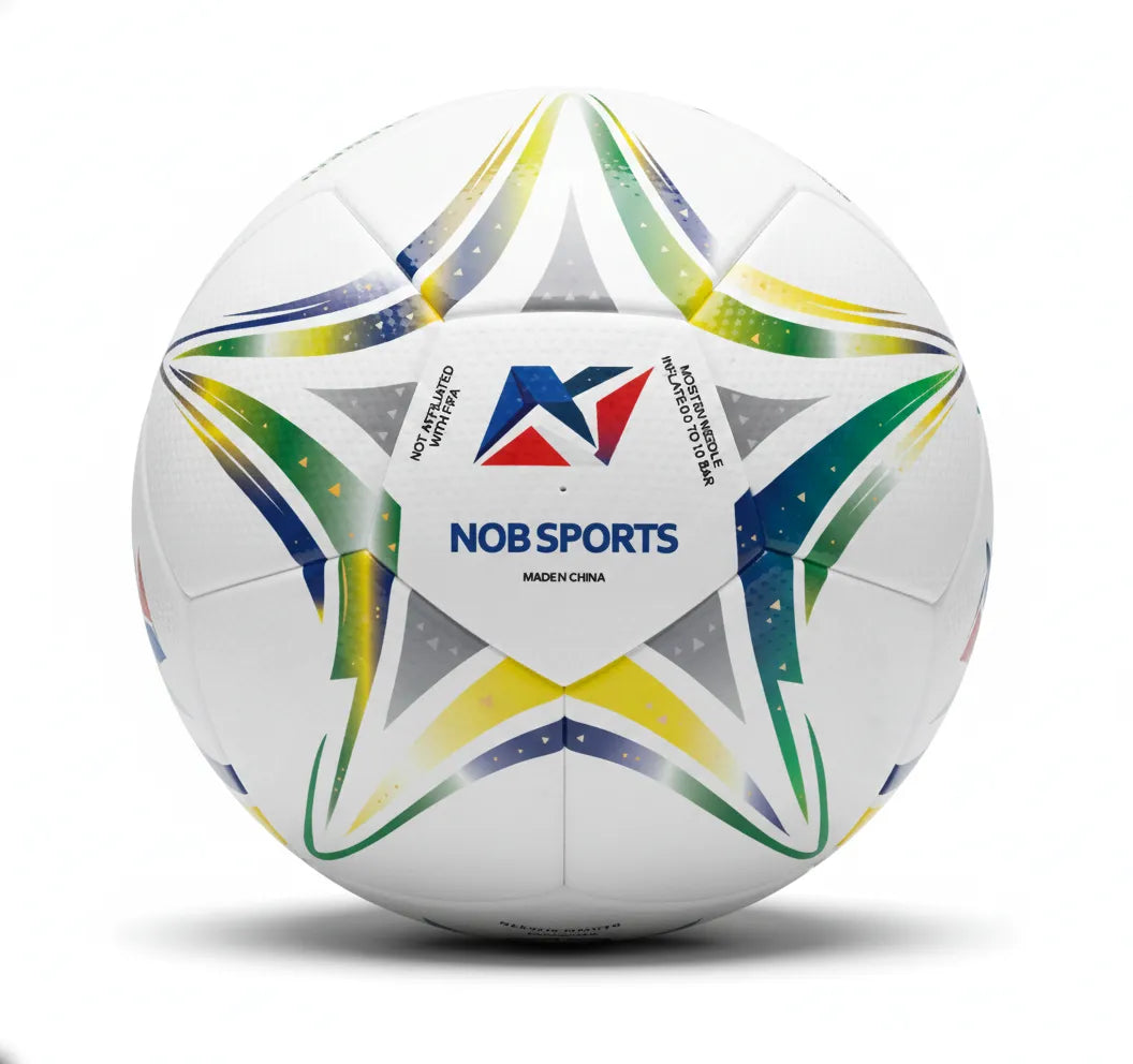 White soccer ball with green, yellow, and blue star patterns and 'BRA' text on a white background