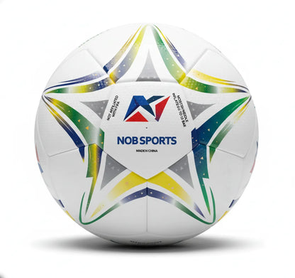 White soccer ball with green, yellow, and blue star patterns and 'BRA' text on a white background