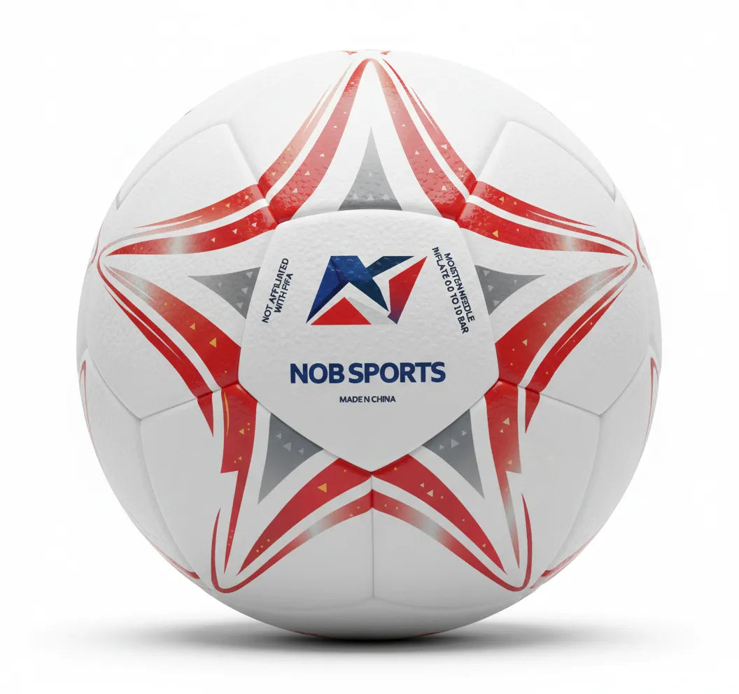 White soccer ball with red star design and 'CAN' text on a white background