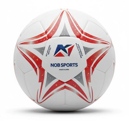 White soccer ball with red star design and 'CAN' text on a white background