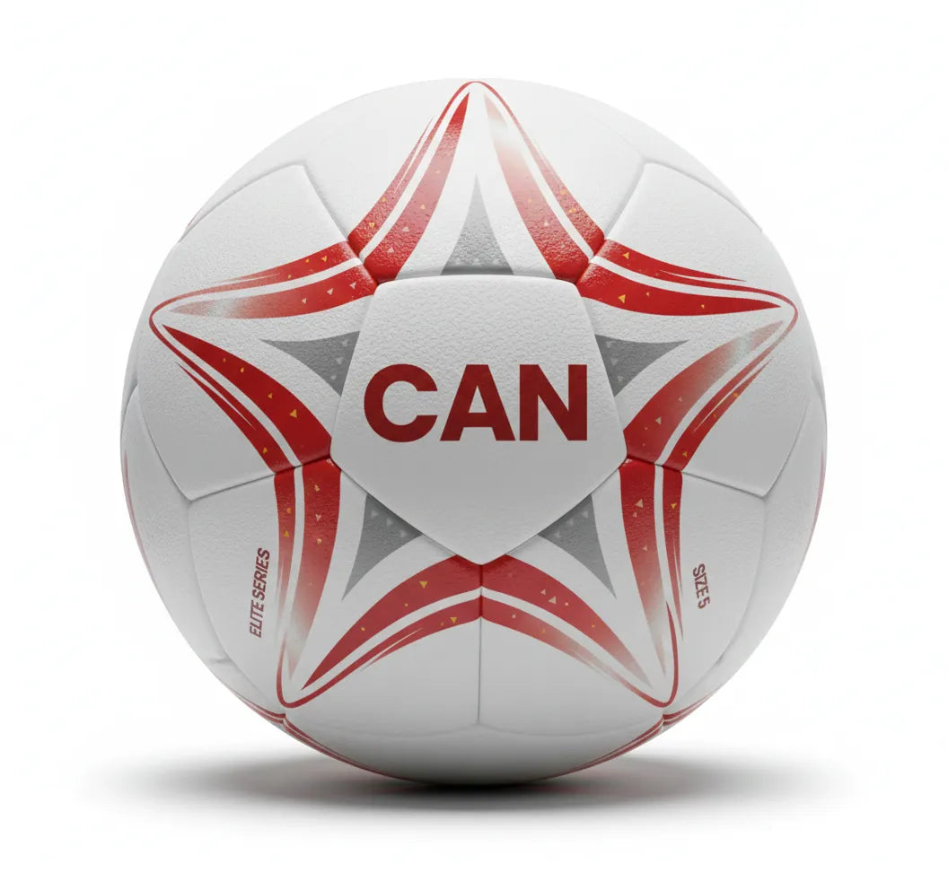 White soccer ball with red star design and 'CAN' text on a white background