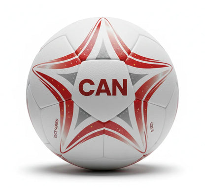 White soccer ball with red star design and 'CAN' text on a white background