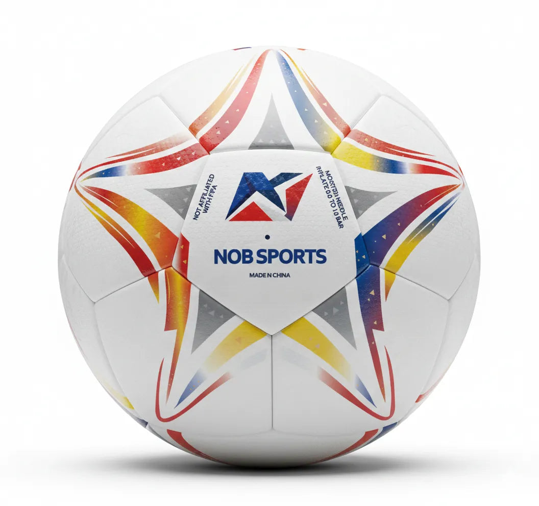 White soccer ball with red, blue, and yellow star patterns on a white background with Col