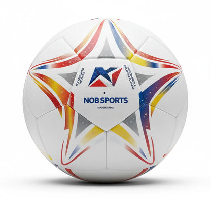 White soccer ball with red, blue, and yellow star patterns on a white background with Col