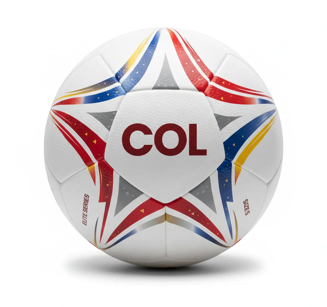 White soccer ball with red, blue, and yellow star patterns on a white background with Col