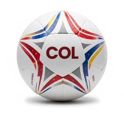 White soccer ball with red, blue, and yellow star patterns on a white background with Col