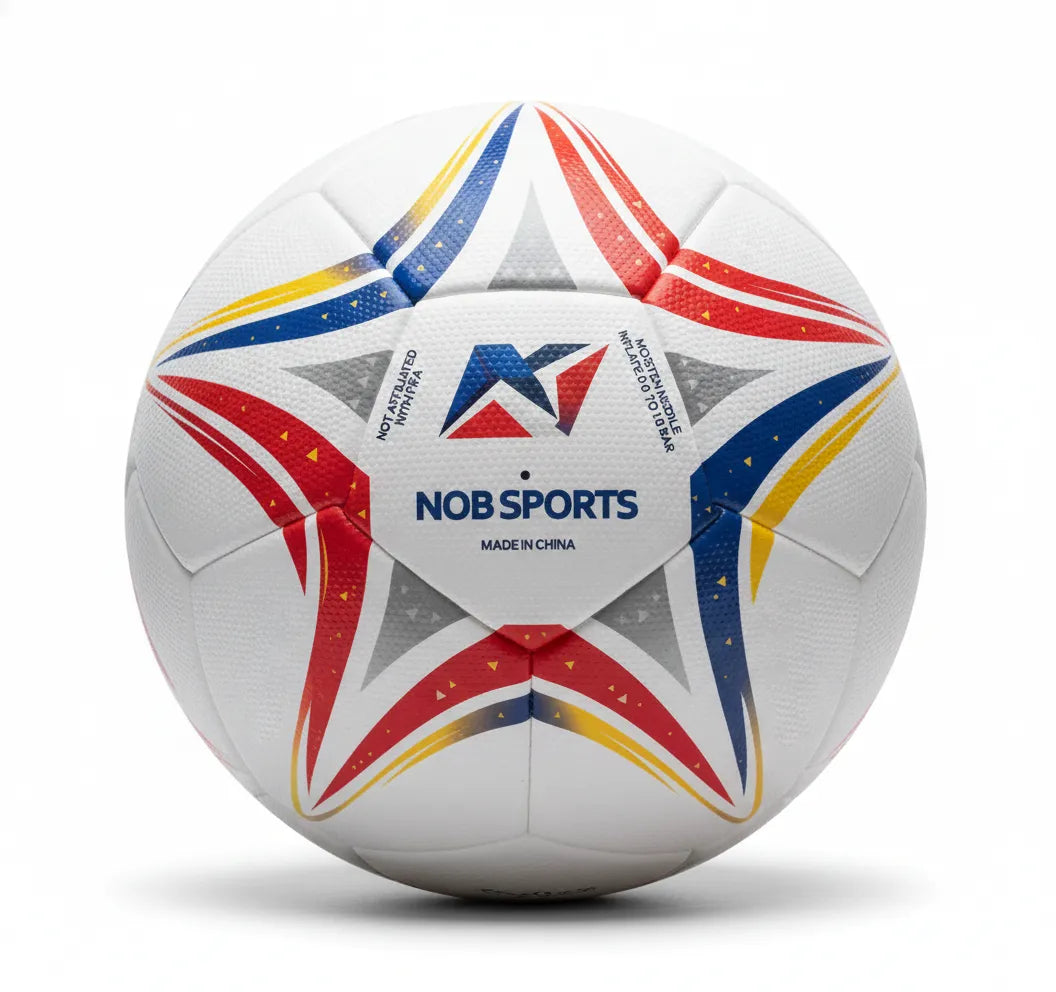 White soccer ball with colorful star patterns and 'ECU' branding on a white background