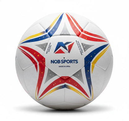 White soccer ball with colorful star patterns and 'ECU' branding on a white background