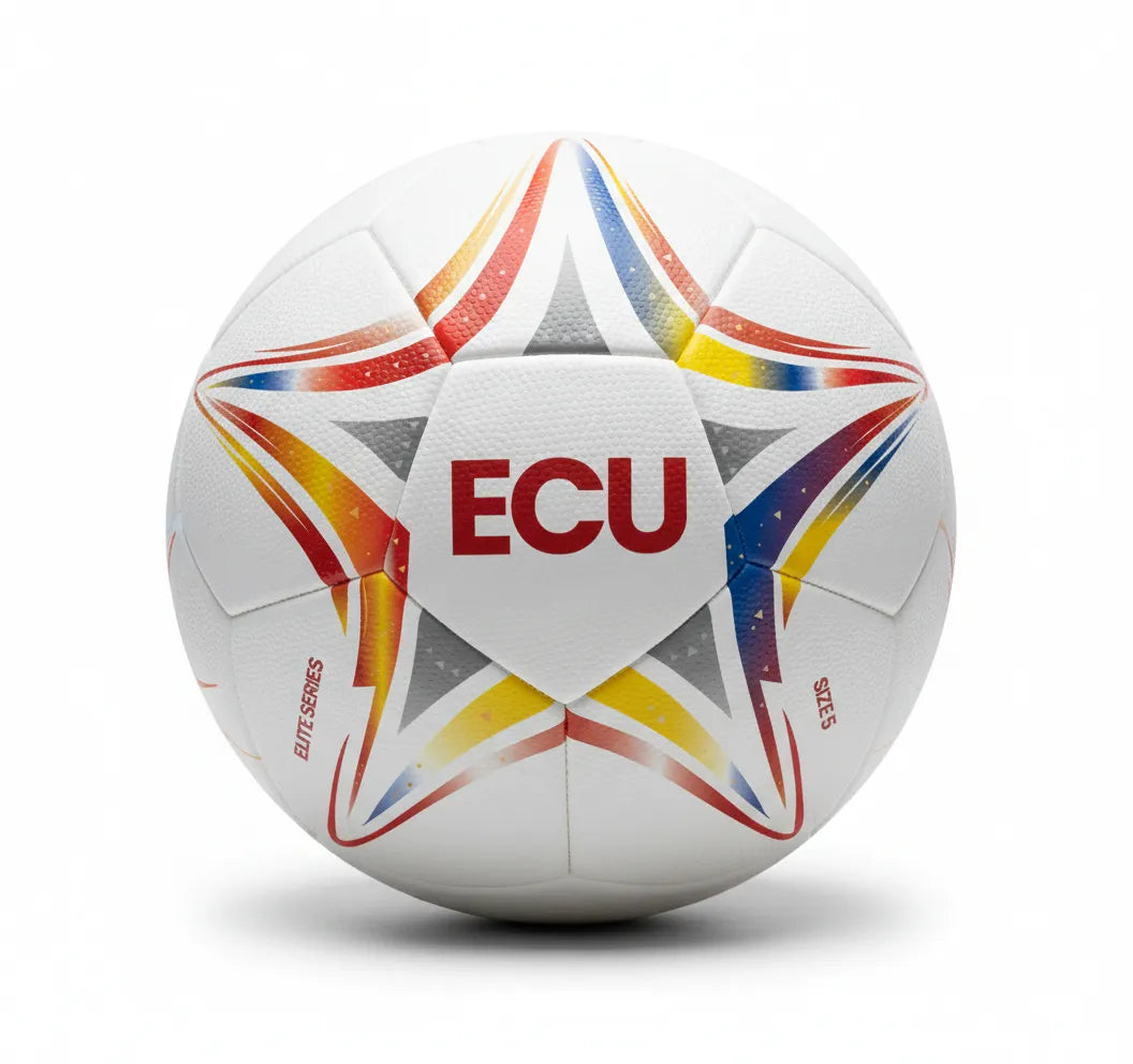 White soccer ball with colorful star patterns and 'ECU' branding on a white background