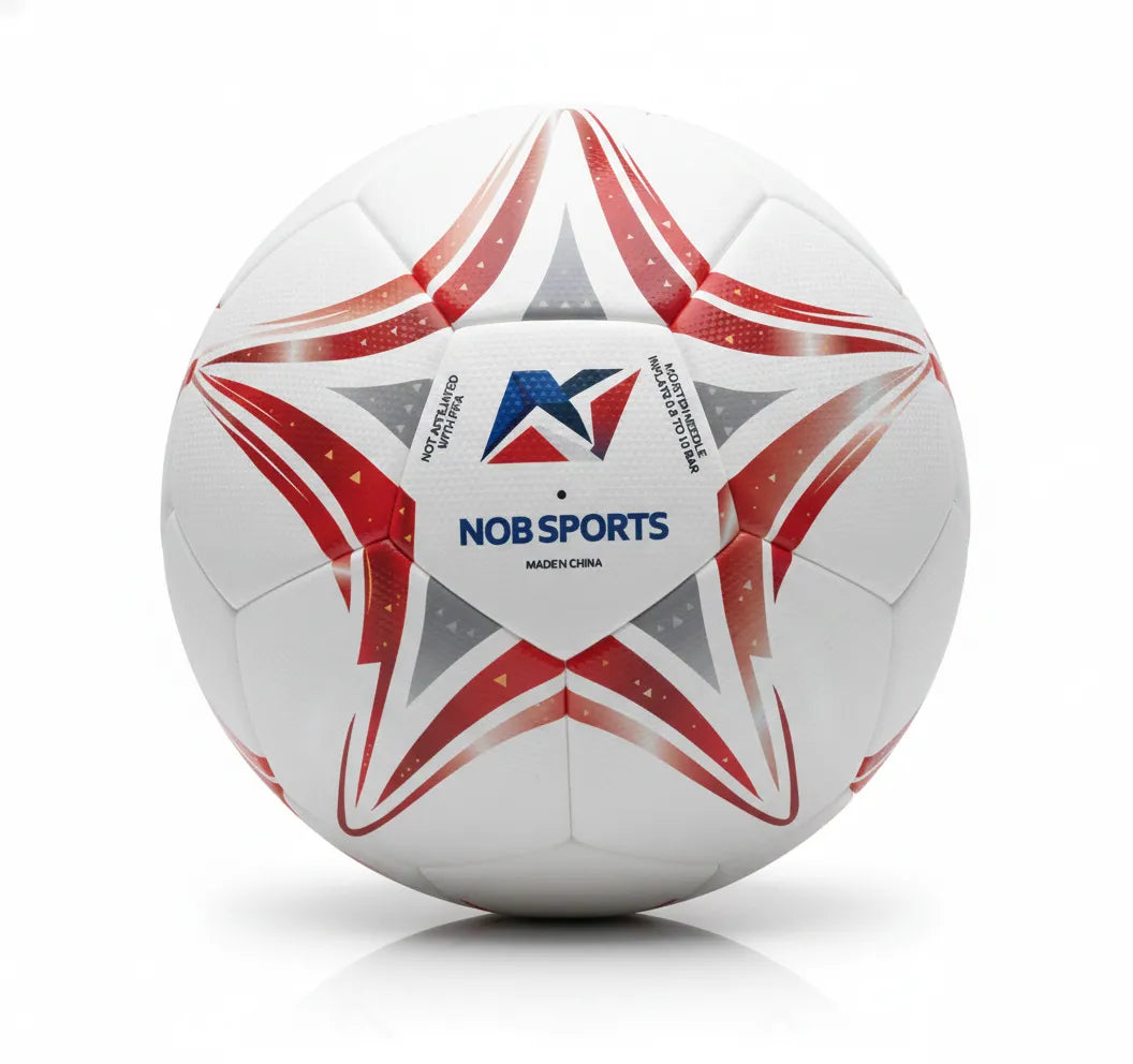 White soccer ball with red and gray star patterns and 'ENG' text on a white background