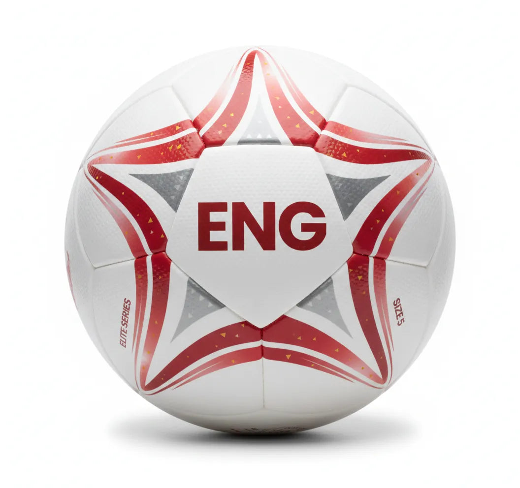 White soccer ball with red and gray star patterns and 'ENG' text on a white background