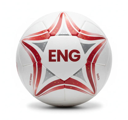 White soccer ball with red and gray star patterns and 'ENG' text on a white background