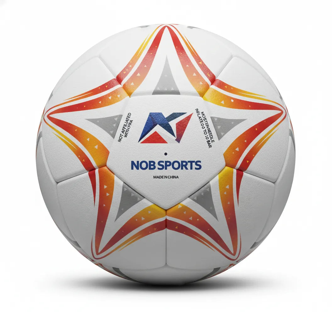 White soccer ball with red and orange star patterns and 'ESP' branding on a white background