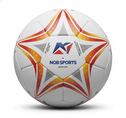 White soccer ball with red and orange star patterns and 'ESP' branding on a white background