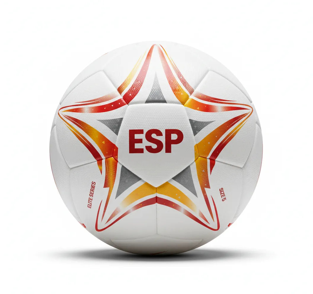White soccer ball with red and orange star patterns and 'ESP' branding on a white background
