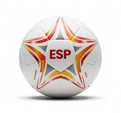 White soccer ball with red and orange star patterns and 'ESP' branding on a white background