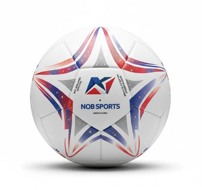 White soccer ball with red and blue star patterns and 'FRA' text on a white background