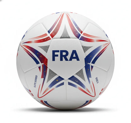 White soccer ball with red and blue star patterns and 'FRA' text on a white background