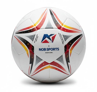 White soccer ball with red and yellow star patterns and 'GER' on a white background