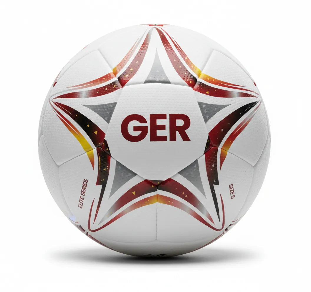 White soccer ball with red and yellow star patterns and 'GER' on a white background