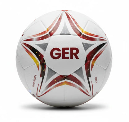 White soccer ball with red and yellow star patterns and 'GER' on a white background