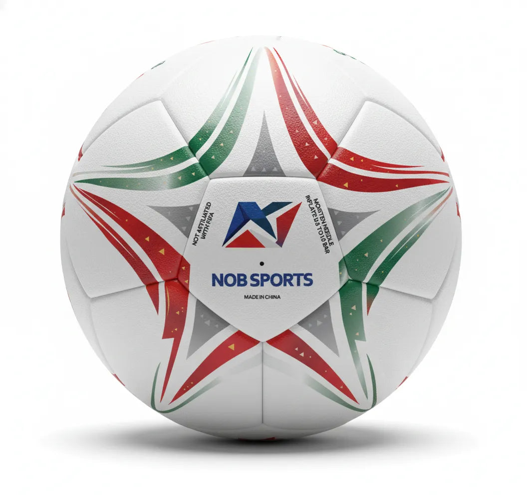 White soccer ball with red, green, and gray star patterns and 'MEX' branding on a white background.