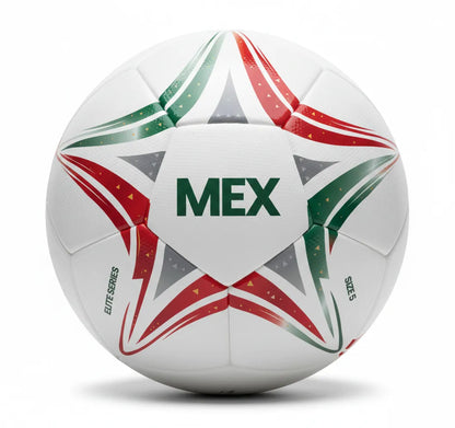 White soccer ball with red, green, and gray star patterns and 'MEX' branding on a white background.