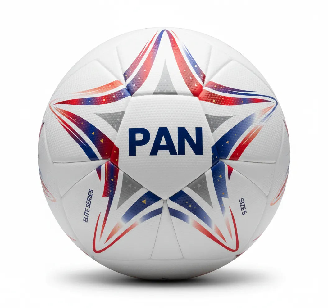 White soccer ball with red and blue star patterns and 'PAN' branding on a white background