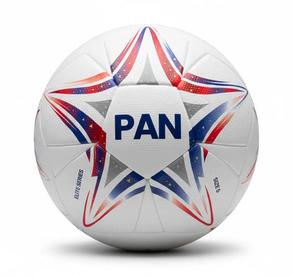 White soccer ball with red and blue star patterns and 'PAN' branding on a white background