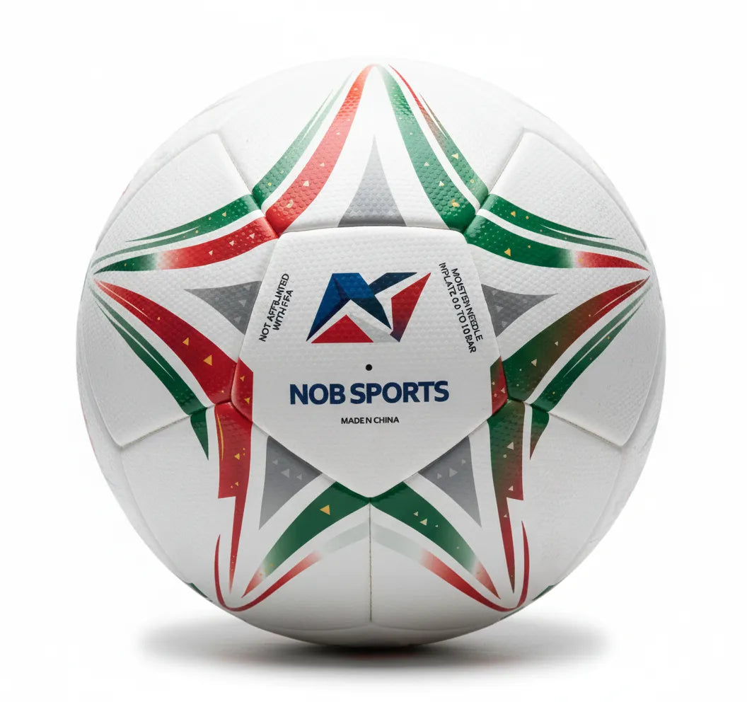 White soccer ball with red and green patterns and 'POR' text on a white background