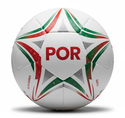 White soccer ball with red and green patterns and 'POR' text on a white background