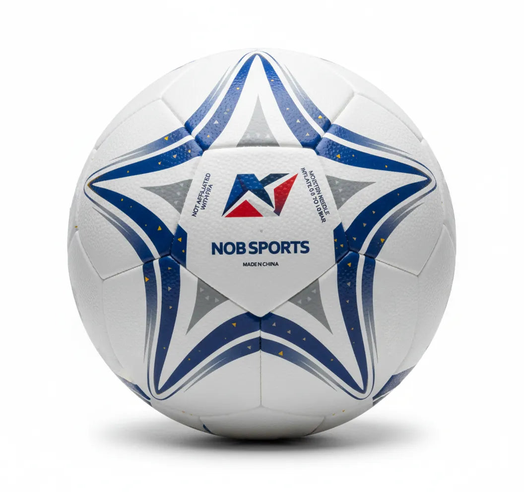 White soccer ball with blue and gray star design and 'URU' branding on a white background
