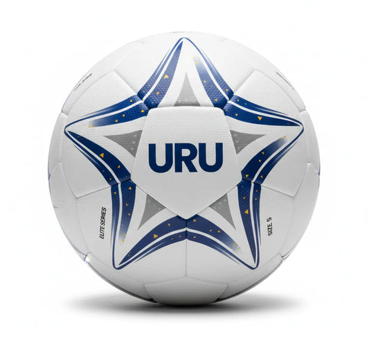 White soccer ball with blue and gray star design and 'URU' branding on a white background
