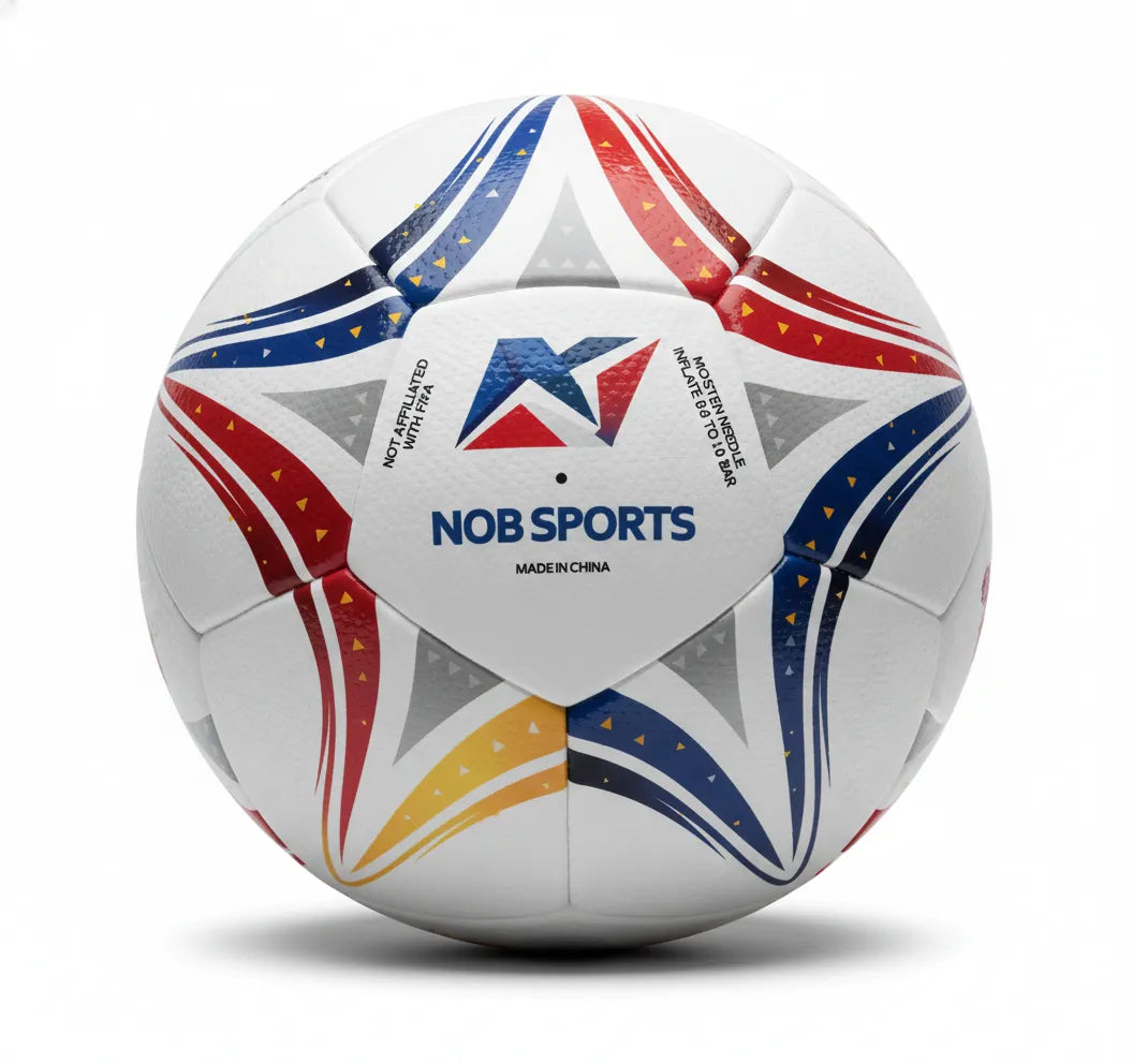 White soccer ball with colorful star patterns and 'US' branding on a white background