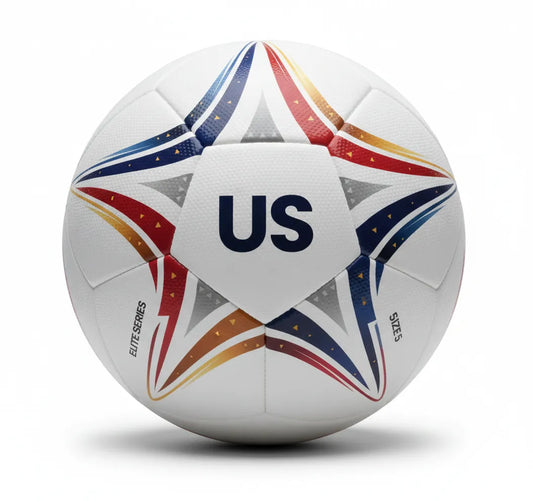 White soccer ball with colorful star patterns and 'US' branding on a white background